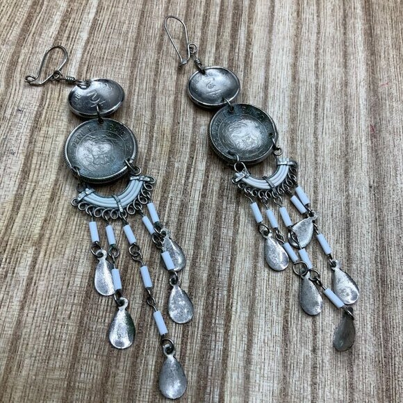 Peruvian Handmade Coin Dangle Silver Tone Boho Earrings - Picture 4 of 5